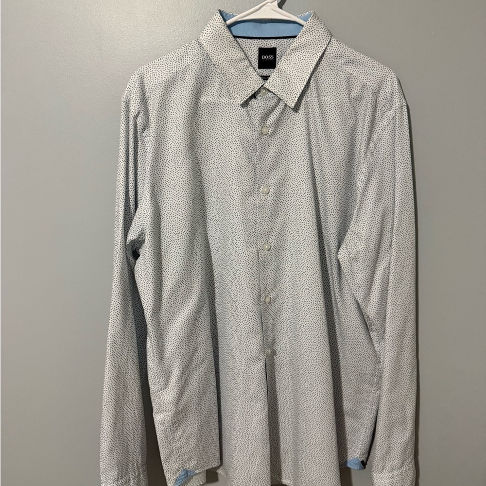 Boss Men's White and Gray Patterned Shirt
